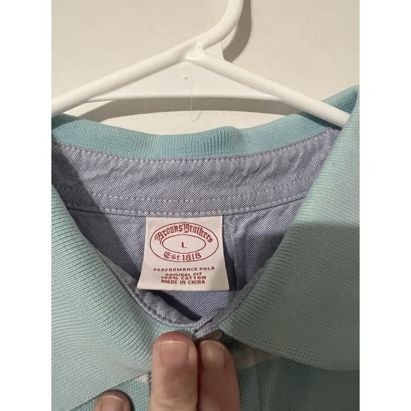 Brooks Brothers Polo Shirt Buffalo Logo Mens Large Blue White Yellow Striped - Picture 3 of 7